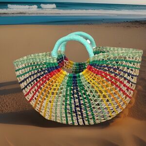 C & C Woven Half Moon Rainbow Colored Tote With Tassel NWT bogo beach summer fun